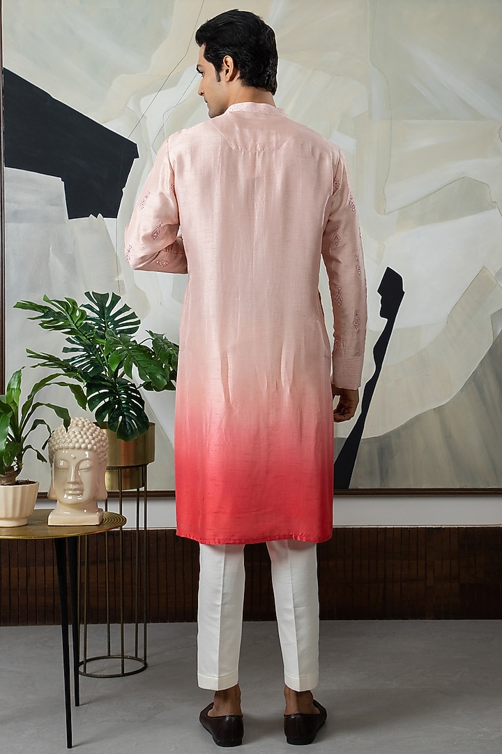 Peach & Pink Ombre Silk Embroidered Kurta Set by Smriti By Anju Agarwal Men at Pernia's Pop Up Shop
