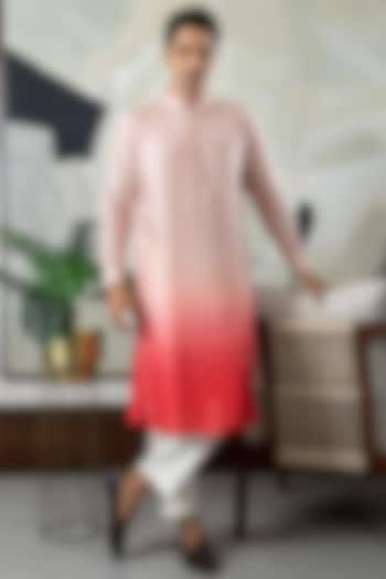 Peach & Pink Ombre Silk Embroidered Kurta Set by Smriti By Anju Agarwal Men