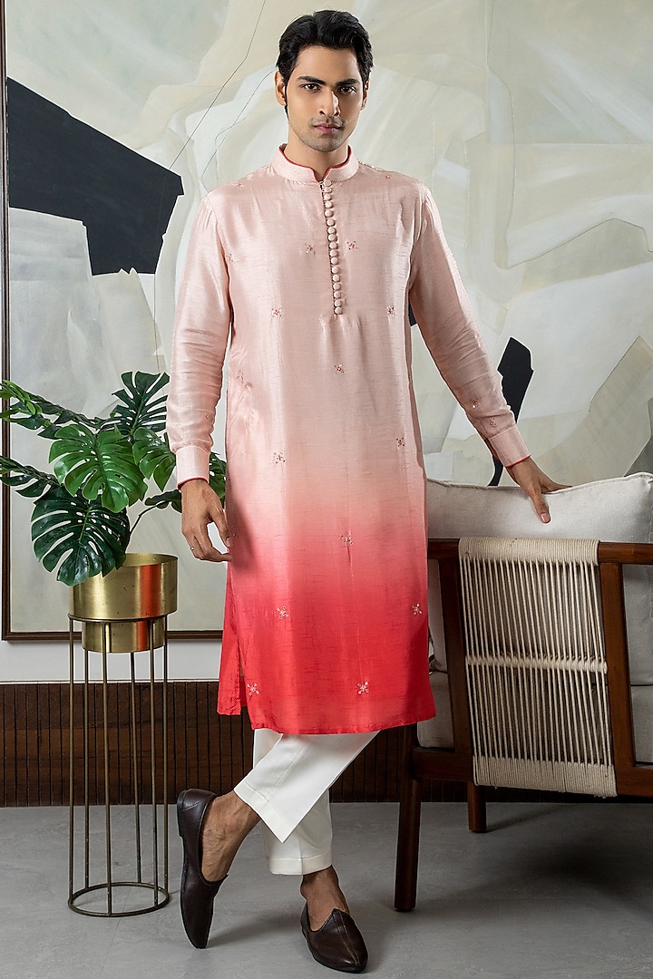 Peach & Pink Ombre Silk Embroidered Kurta Set by Smriti By Anju Agarwal Men