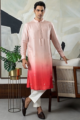 Peach & Pink Ombre Silk Embroidered Kurta Set by Smriti By Anju Agarwal Men