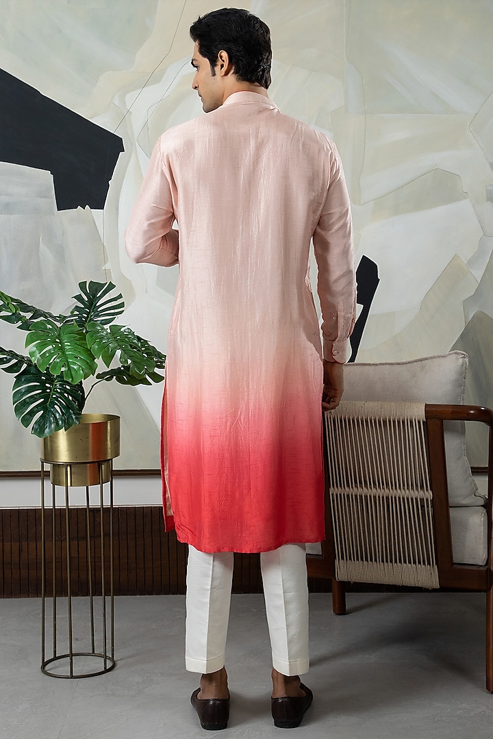 Peach & Pink Ombre Silk Embroidered Kurta Set by Smriti By Anju Agarwal Men at Pernia's Pop Up Shop