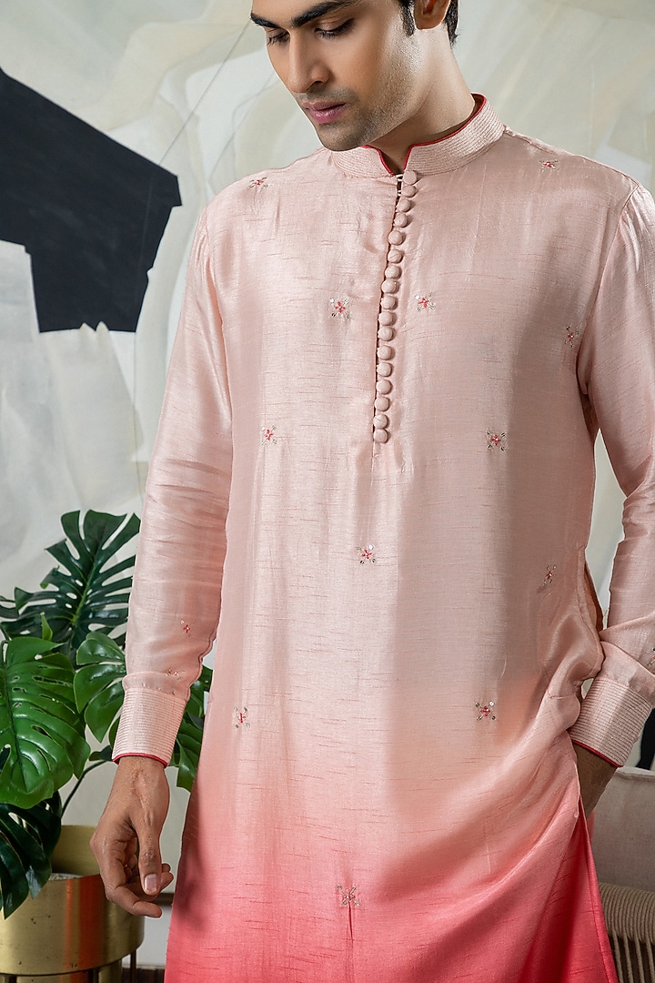 Peach & Pink Ombre Silk Embroidered Kurta Set by Smriti By Anju Agarwal Men at Pernia's Pop Up Shop