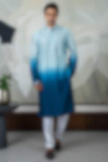 Blue Ombre Silk Embroidered Kurta Set by Smriti By Anju Agarwal Men