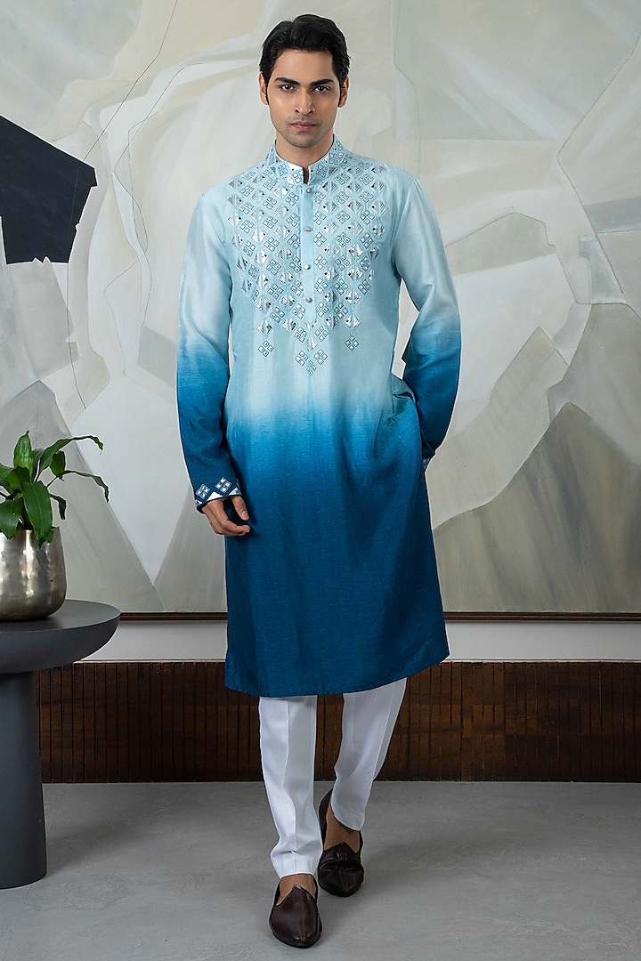 Blue Ombre Silk Embroidered Kurta Set by Smriti By Anju Agarwal Men