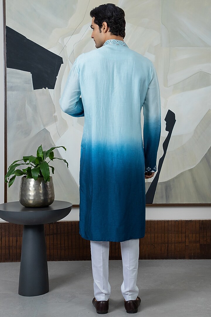 Blue Ombre Silk Embroidered Kurta Set by Smriti By Anju Agarwal Men at Pernia's Pop Up Shop