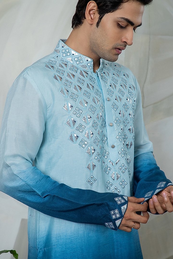 Blue Ombre Silk Embroidered Kurta Set by Smriti By Anju Agarwal Men at Pernia's Pop Up Shop