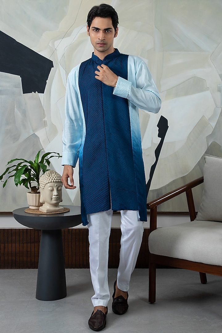 Blue Ombre Silk Kurta Set by Smriti By Anju Agarwal Men