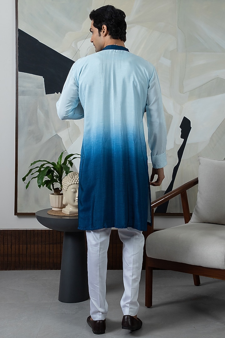 Blue Ombre Silk Kurta Set by Smriti By Anju Agarwal Men at Pernia's Pop Up Shop