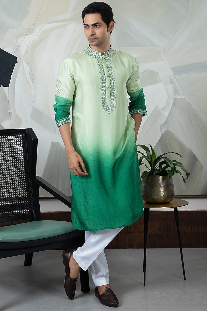 Green Ombre Silk Embroidered Kurta Set by Smriti By Anju Agarwal Men