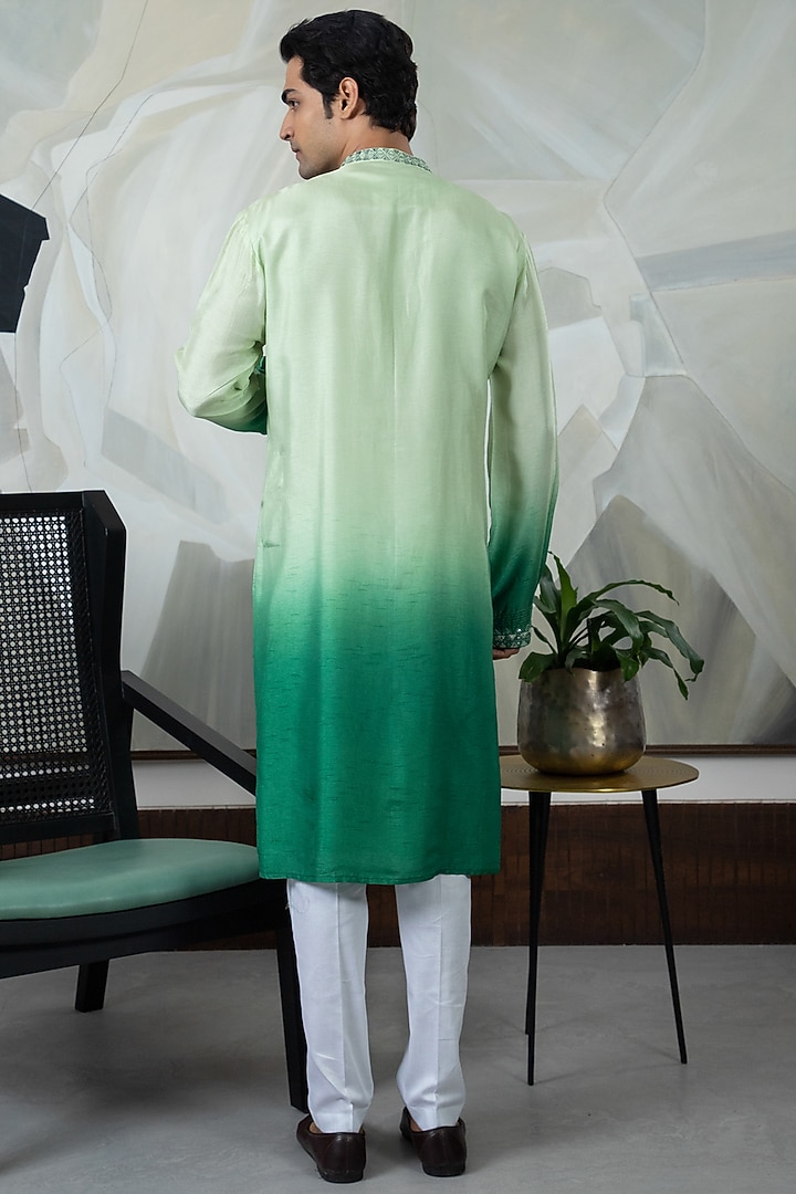 Green Ombre Silk Embroidered Kurta Set by Smriti By Anju Agarwal Men at Pernia's Pop Up Shop