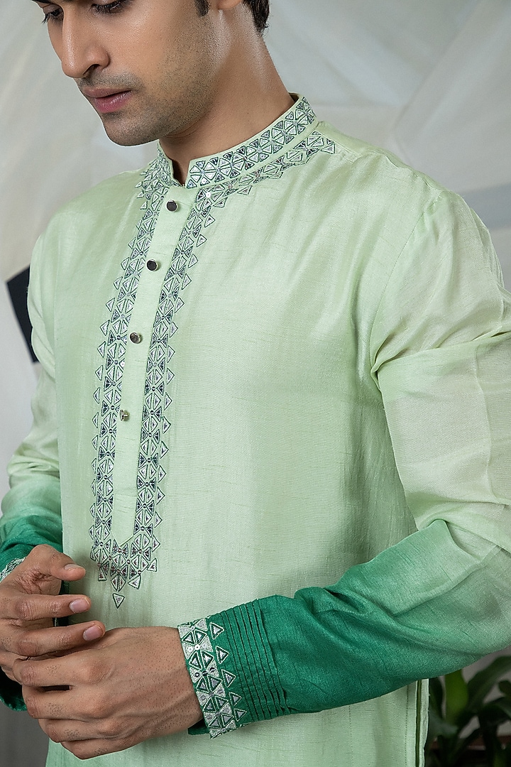 Green Ombre Silk Embroidered Kurta Set by Smriti By Anju Agarwal Men at Pernia's Pop Up Shop