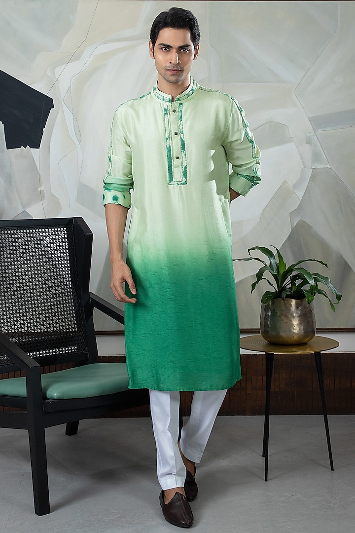 Green Ombre Silk Tie-Dyed Kurta Set by Smriti By Anju Agarwal Men