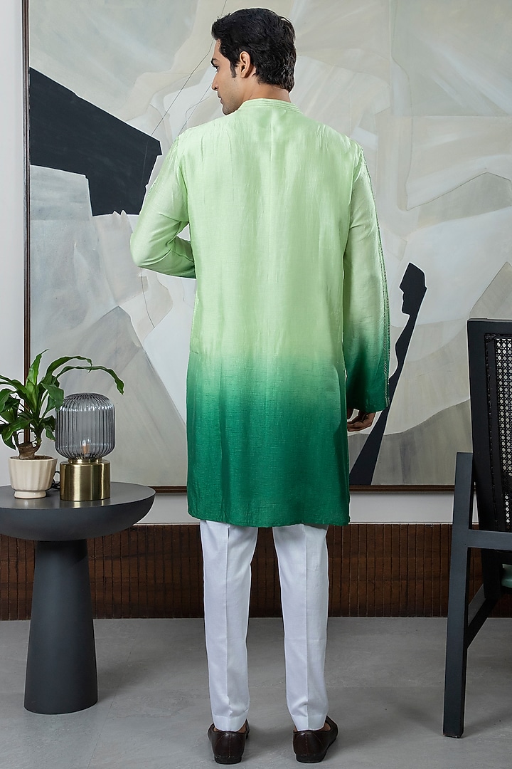 Green Ombre Silk Embroidered Kurta Set by Smriti By Anju Agarwal Men at Pernia's Pop Up Shop