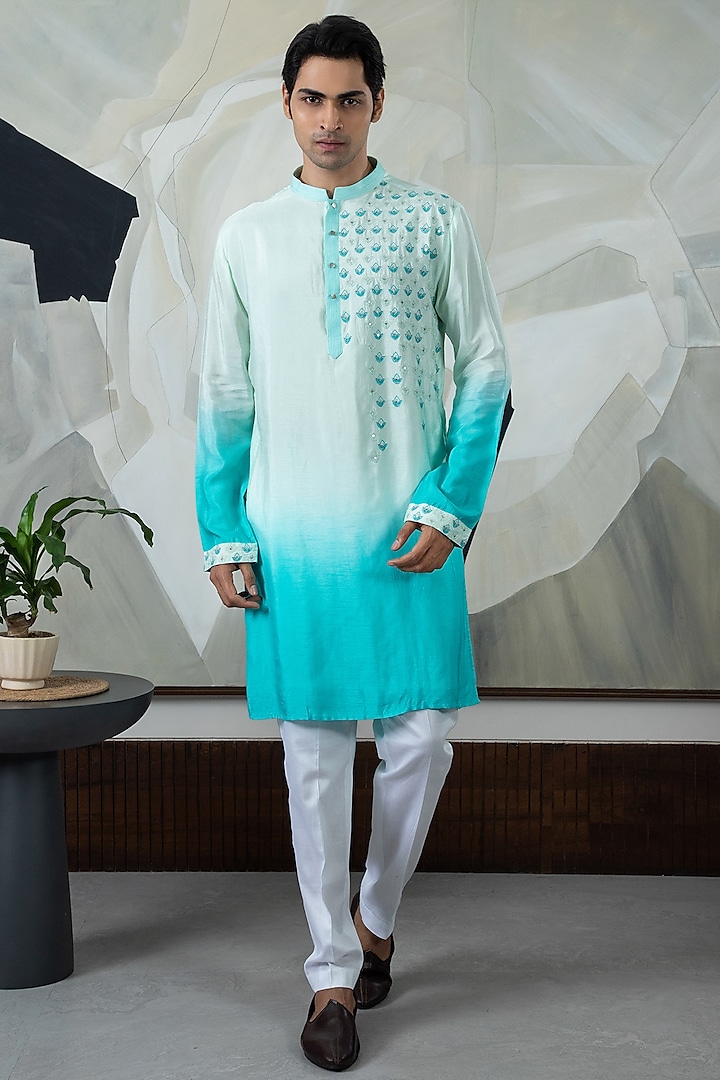 Turquoise Blue Ombre Embroidered Kurta Set by Smriti By Anju Agarwal Men