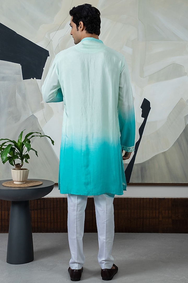 Turquoise Blue Ombre Embroidered Kurta Set by Smriti By Anju Agarwal Men at Pernia's Pop Up Shop