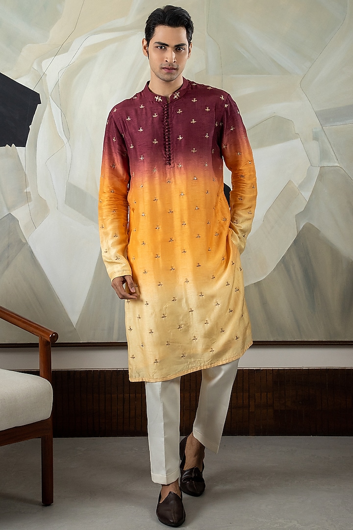 Multi-Colored Ombre Silk Embroidered Kurta Set by Smriti By Anju Agarwal Men