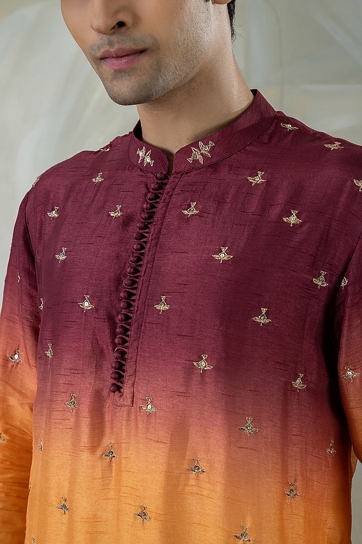 Multi-Colored Ombre Silk Embroidered Kurta Set by Smriti By Anju Agarwal Men at Pernia's Pop Up Shop