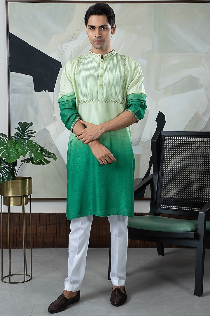 Green Ombre Silk Embroidered Kurta Set by Smriti By Anju Agarwal Men