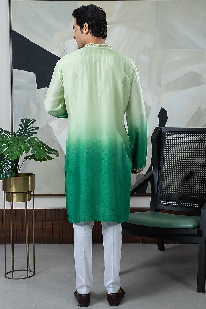 Green Ombre Silk Embroidered Kurta Set by Smriti By Anju Agarwal Men at Pernia's Pop Up Shop