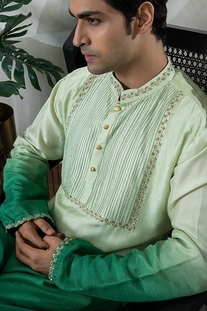 Green Ombre Silk Embroidered Kurta Set by Smriti By Anju Agarwal Men at Pernia's Pop Up Shop