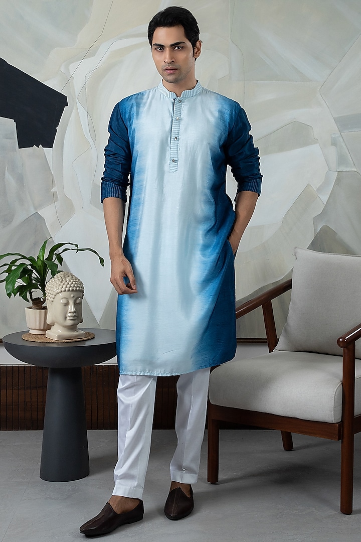 Blue Ombre Silk Kurta Set by Smriti By Anju Agarwal Men