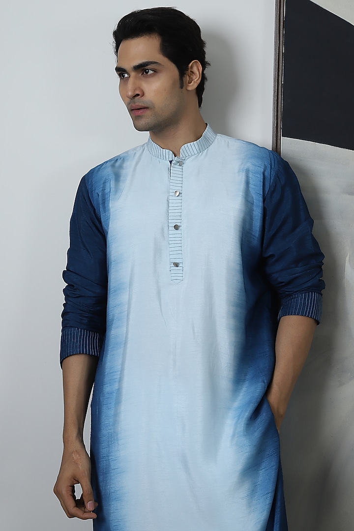 Blue Ombre Silk Kurta Set by Smriti By Anju Agarwal Men at Pernia's Pop Up Shop