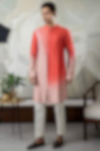 Peach & Coral Ombre Silk Kurta Set by Smriti By Anju Agarwal Men