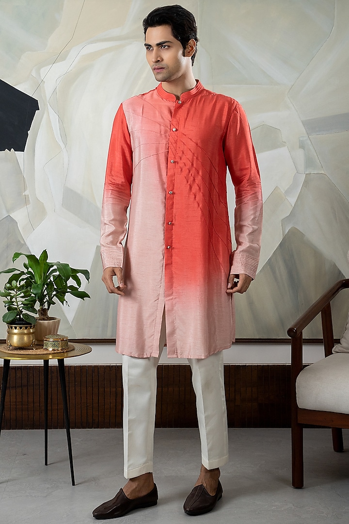 Peach & Coral Ombre Silk Kurta Set by Smriti By Anju Agarwal Men