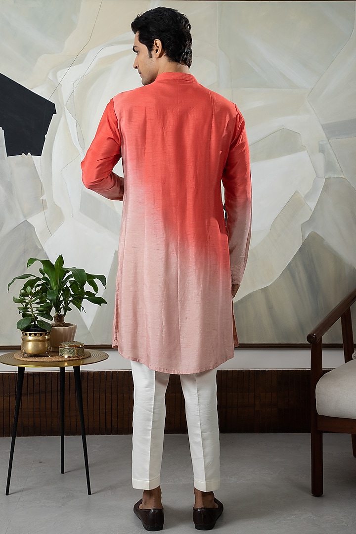 Peach & Coral Ombre Silk Kurta Set by Smriti By Anju Agarwal Men at Pernia's Pop Up Shop