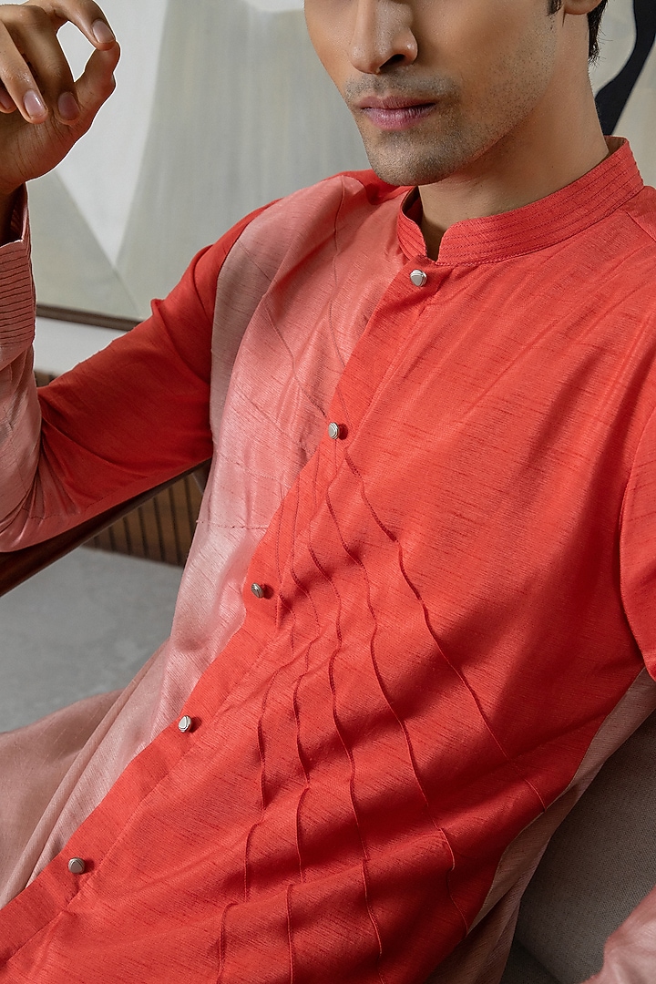 Peach & Coral Ombre Silk Kurta Set by Smriti By Anju Agarwal Men at Pernia's Pop Up Shop