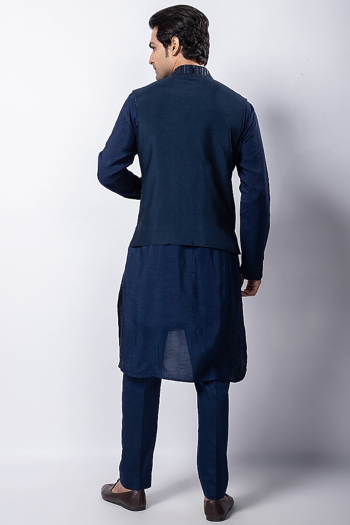 Navy Blue Silk Sequins Embroidered Nehru Jacket by Smriti by Anju Agarwal Men at Pernia's Pop Up Shop