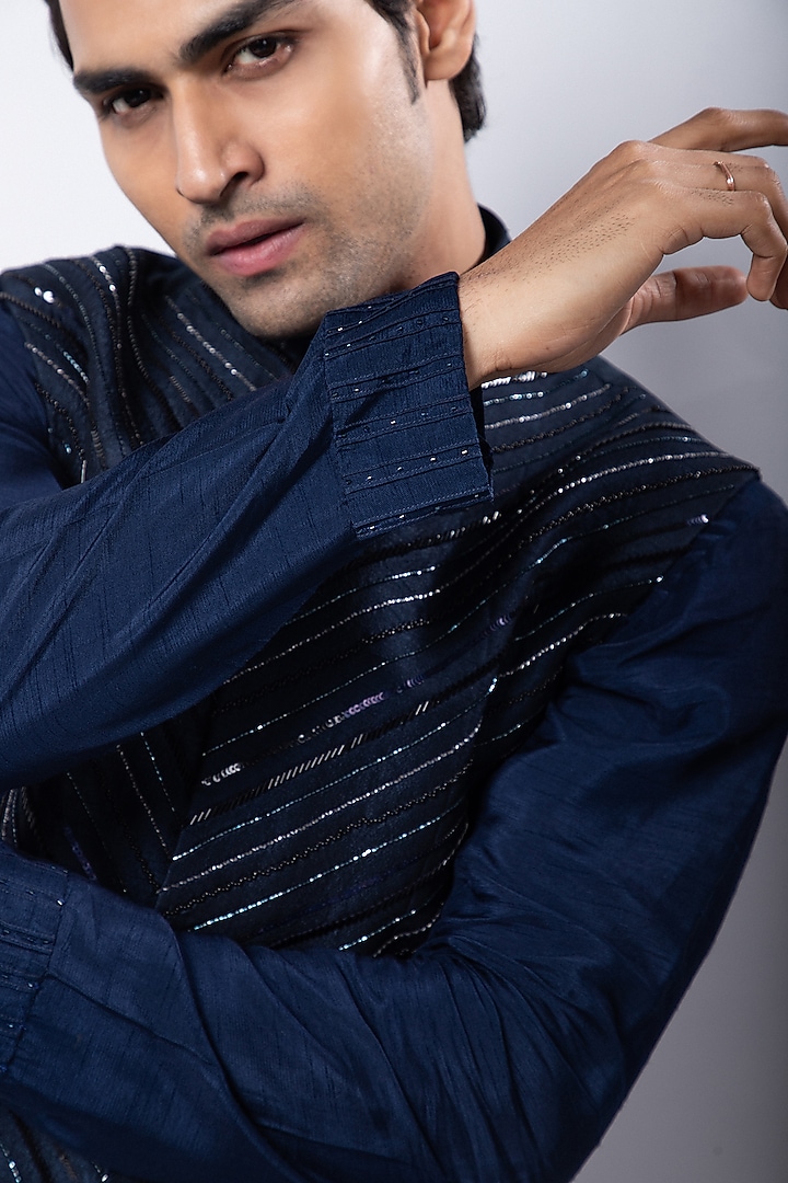 Navy Blue Silk Sequins Embroidered Nehru Jacket by Smriti by Anju Agarwal Men at Pernia's Pop Up Shop