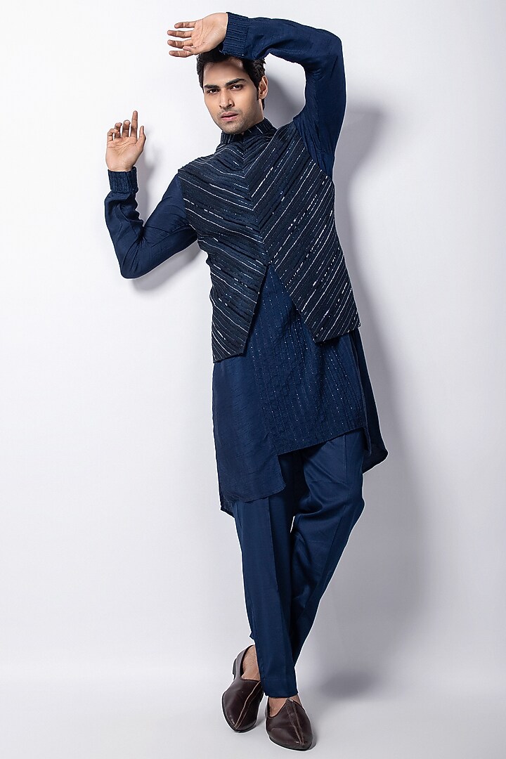 Navy Blue Silk Sequins Embroidered Nehru Jacket by Smriti by Anju Agarwal Men at Pernia's Pop Up Shop