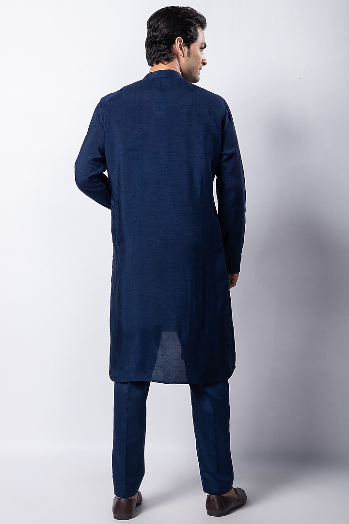Navy Blue Silk Mulmul Pintucks Kurta Set by Smriti by Anju Agarwal Men at Pernia's Pop Up Shop