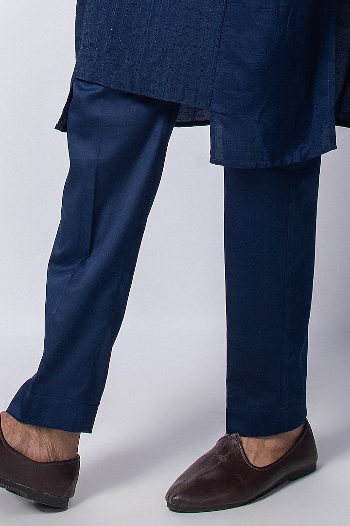 Navy Blue Silk Mulmul Pintucks Kurta Set by Smriti by Anju Agarwal Men at Pernia's Pop Up Shop