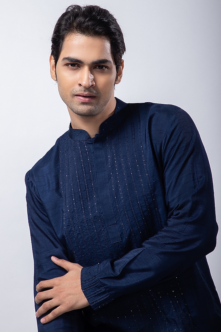 Navy Blue Silk Mulmul Pintucks Kurta Set by Smriti by Anju Agarwal Men at Pernia's Pop Up Shop