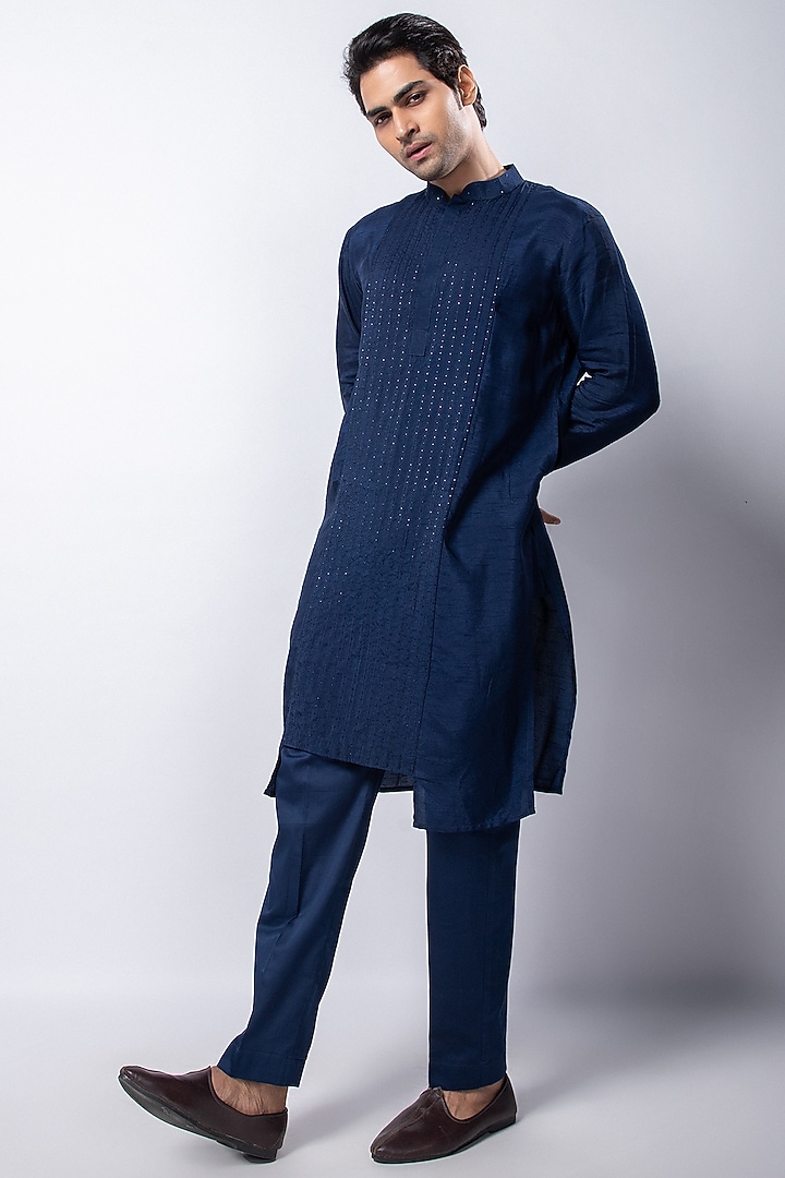 Navy Blue Silk Mulmul Pintucks Kurta Set by Smriti by Anju Agarwal Men at Pernia's Pop Up Shop