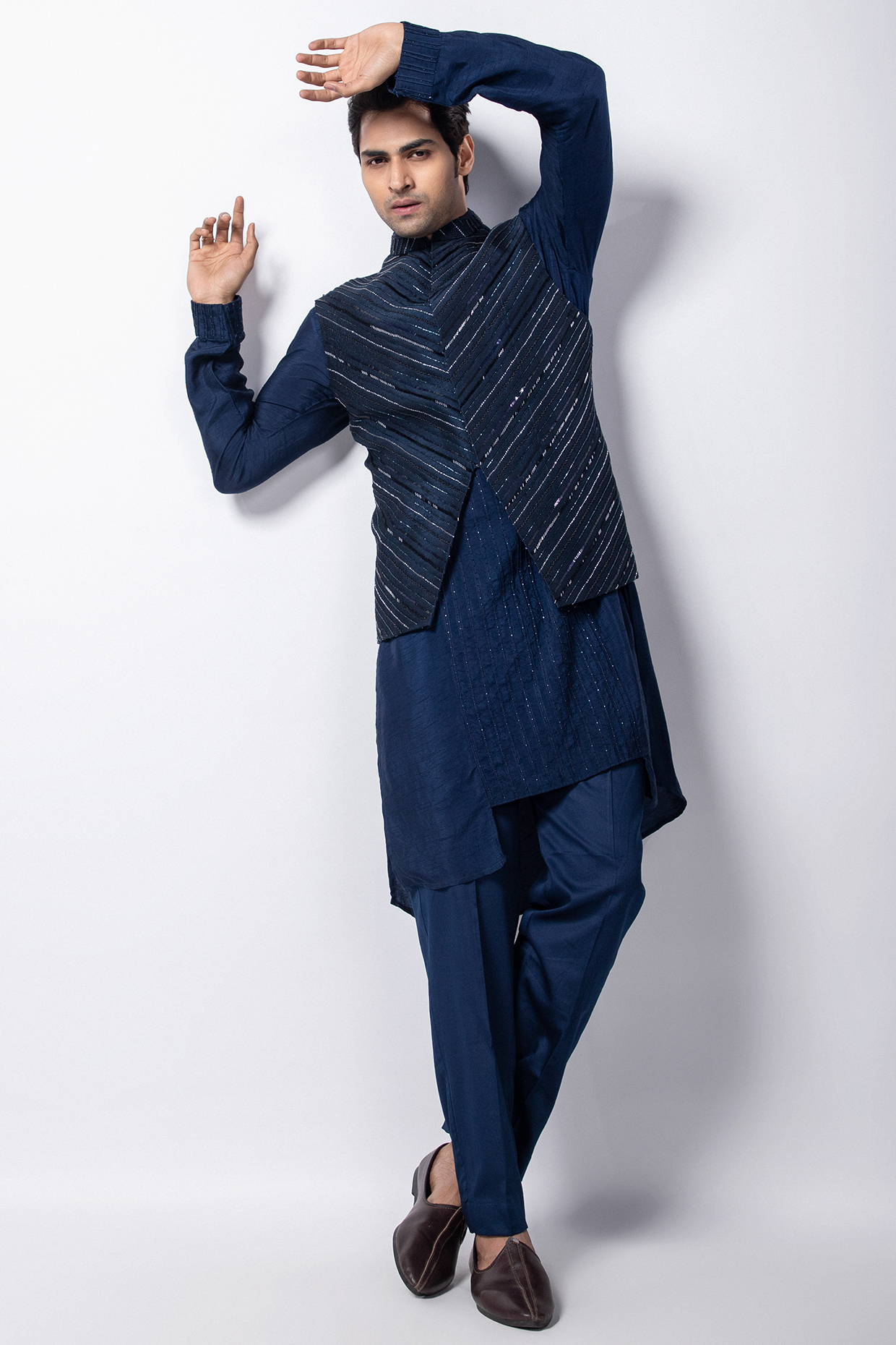 Navy Blue Silk Sequins Embroidered Nehru Jacket Set by Smriti By Anju Agarwal Men at Pernia's Pop Up Shop