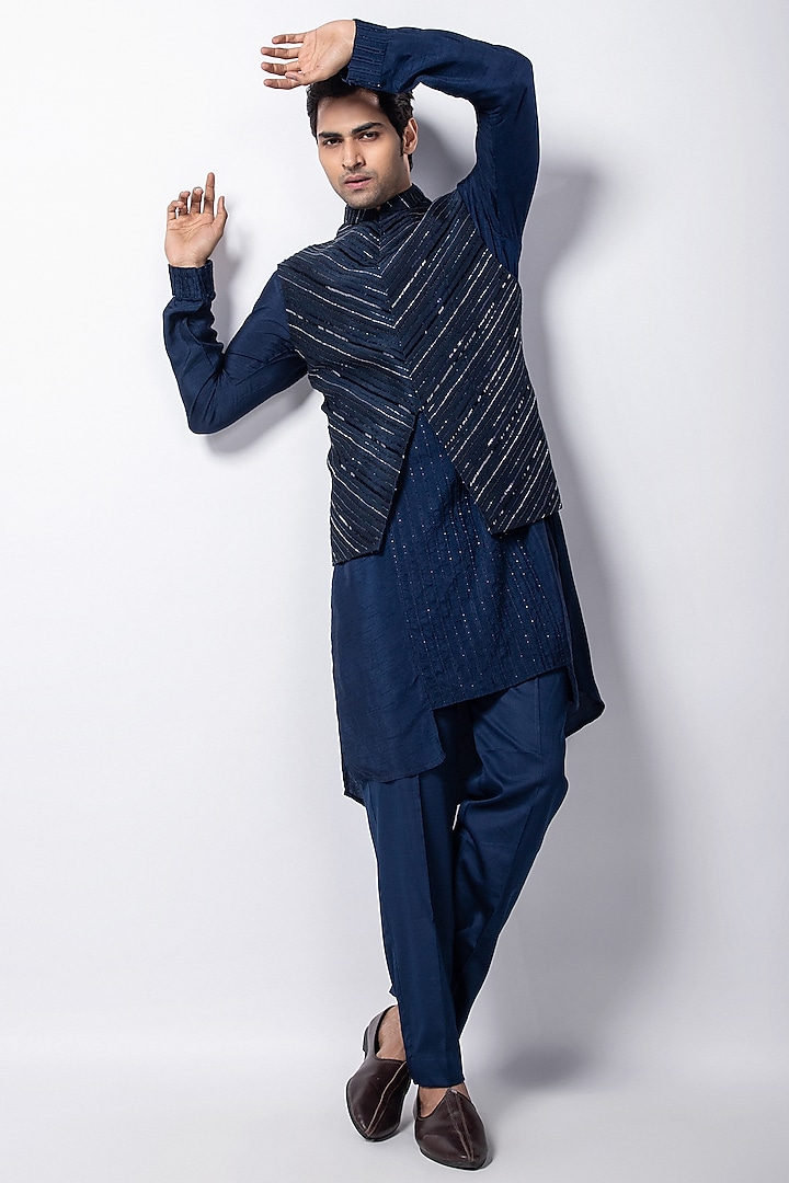 Navy Blue Silk Sequins Embroidered Nehru Jacket Set by Smriti By Anju Agarwal Men at Pernia's Pop Up Shop