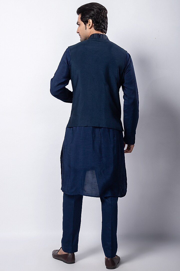 Navy Blue Silk Sequins Embroidered Nehru Jacket Set by Smriti by Anju Agarwal Men at Pernia's Pop Up Shop