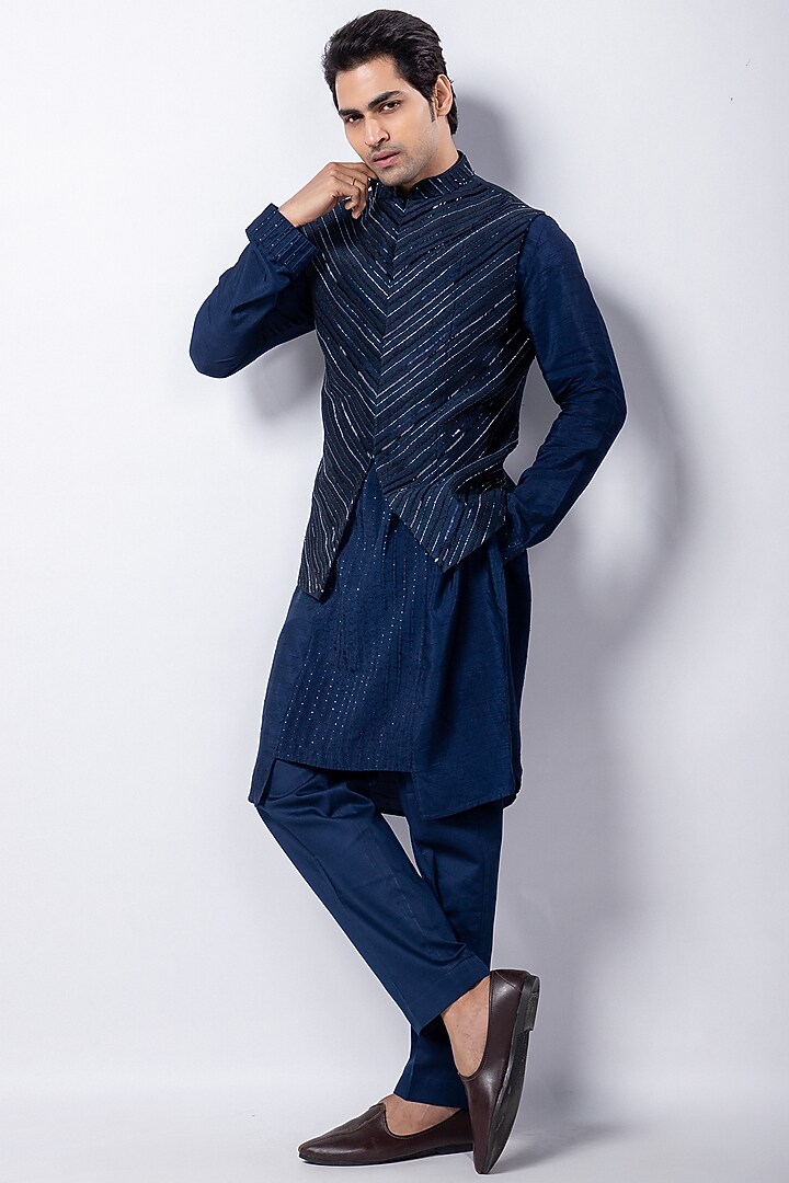Navy Blue Silk Sequins Embroidered Nehru Jacket Set by Smriti by Anju Agarwal Men at Pernia's Pop Up Shop