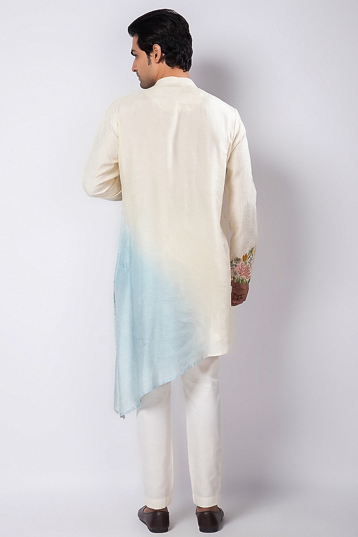 Ivory Silk Mulmul Asymmetric Ombre Kurta Set by Smriti by Anju Agarwal Men at Pernia's Pop Up Shop