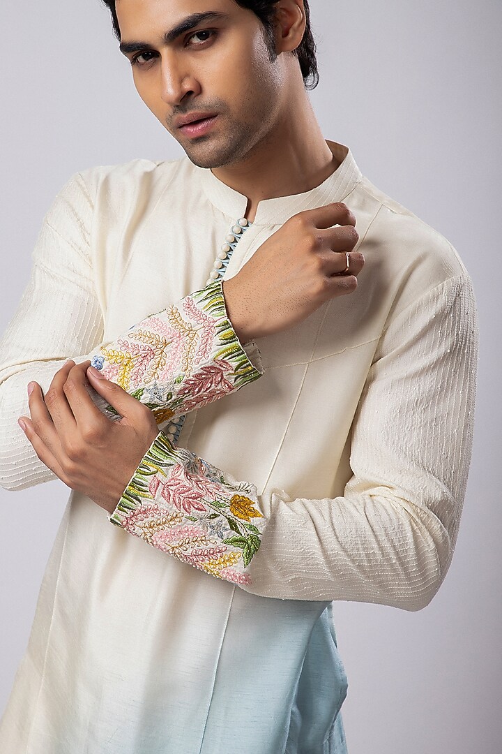 Ivory Silk Mulmul Asymmetric Ombre Kurta Set by Smriti by Anju Agarwal Men at Pernia's Pop Up Shop