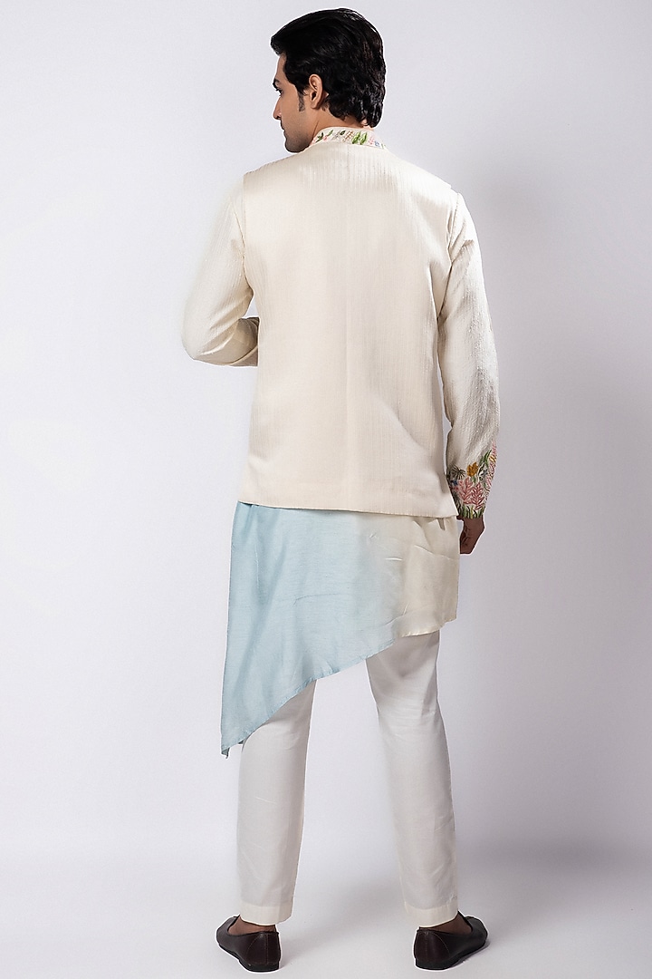 Ivory Linen Satin Threadwork Nehru Jacket Set by Smriti by Anju Agarwal Men at Pernia's Pop Up Shop