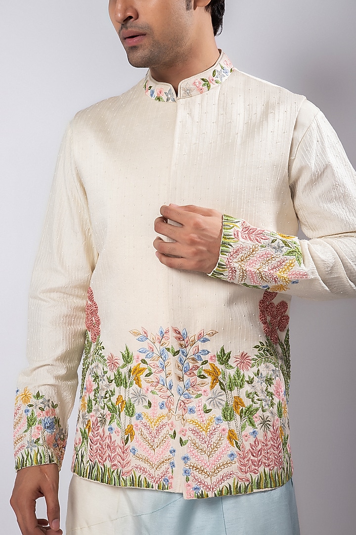 Ivory Linen Satin Threadwork Nehru Jacket Set by Smriti by Anju Agarwal Men at Pernia's Pop Up Shop