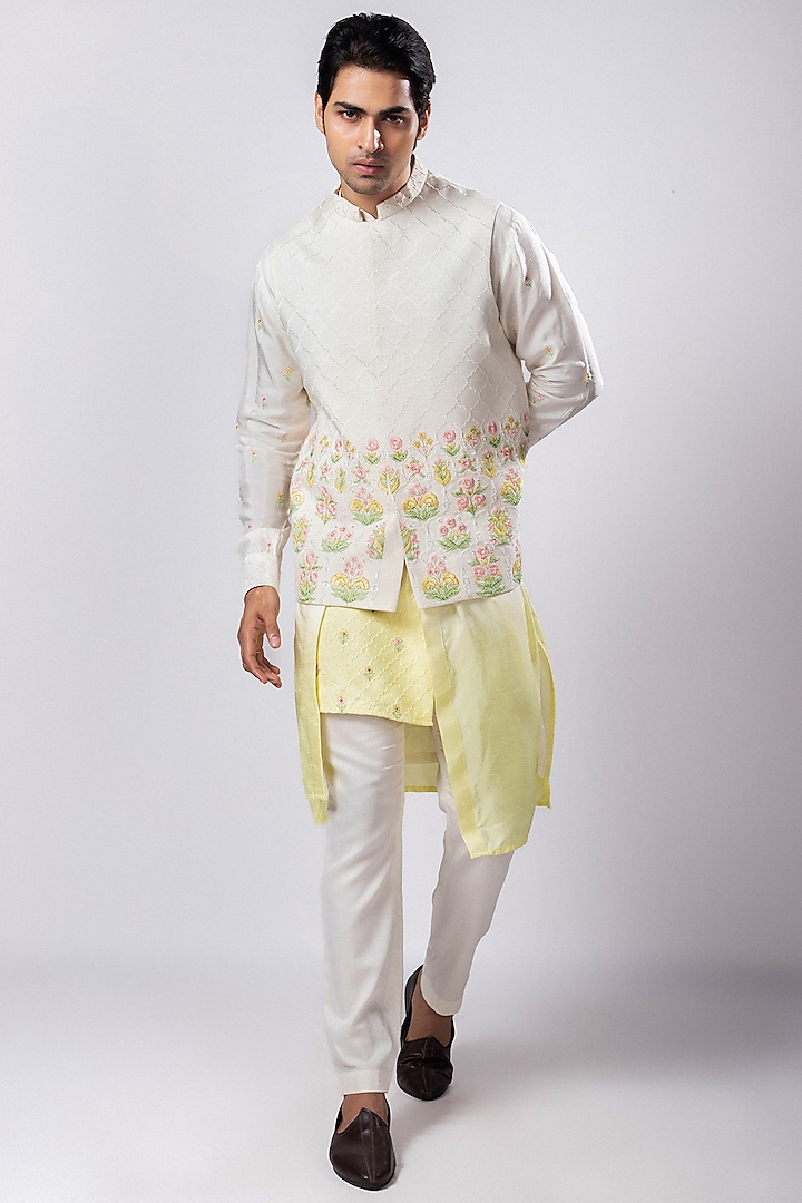 Ivory Linen Satin Floral Embroidered Nehru Jacket by Smriti By Anju Agarwal Men