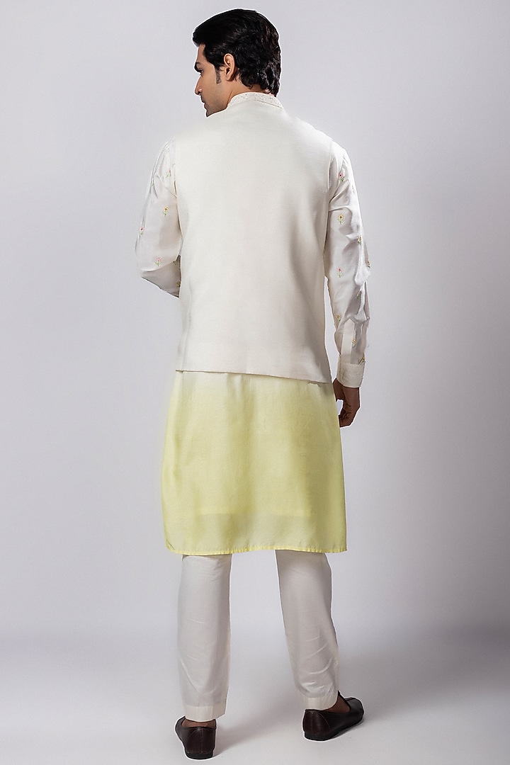 Ivory Linen Satin Floral Embroidered Nehru Jacket by Smriti by Anju Agarwal Men at Pernia's Pop Up Shop