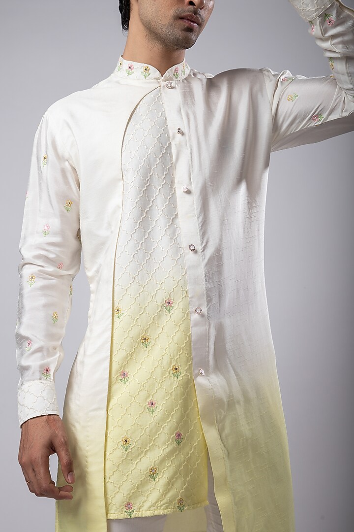 Yellow Ombre Silk Mulmul Embroidered Kurta Set by Smriti by Anju Agarwal Men at Pernia's Pop Up Shop