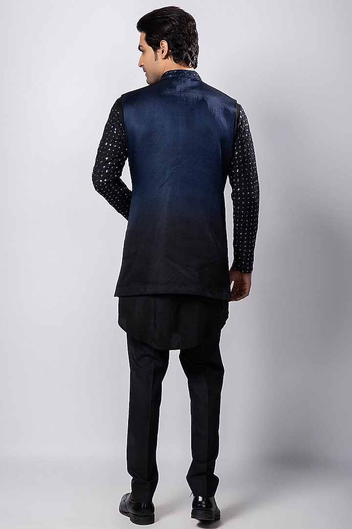 Navy Blue Linen Satin Embellished Indo-Western Jacket by Smriti by Anju Agarwal Men at Pernia's Pop Up Shop