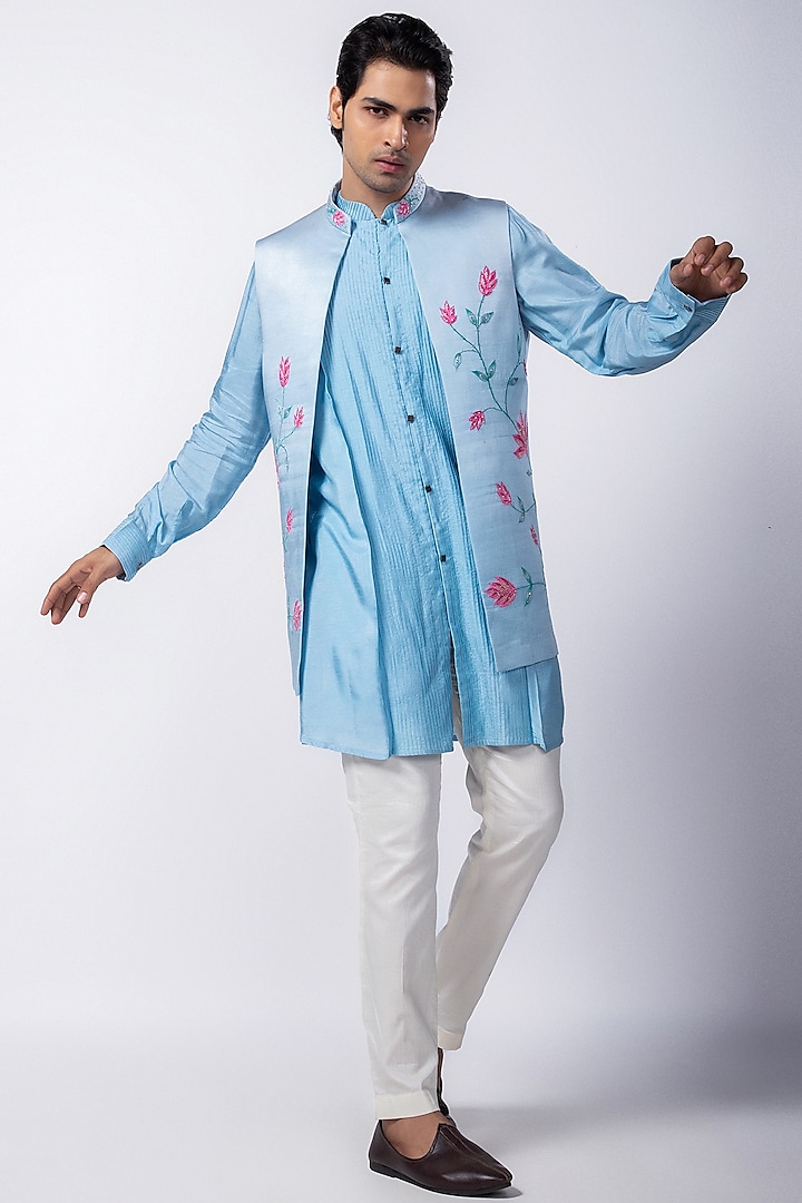 Navy Blue Linen Satin Floral Embellished Indo-Western Jacket by Smriti By Anju Agarwal Men